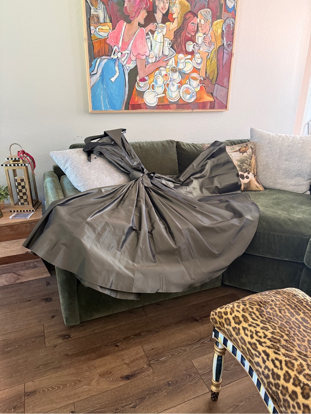 Teri Jon Olive Green Taffeta Fit‑and‑Flare Midi Dress with Pleated Waist & Bow - Picture 12 of 15